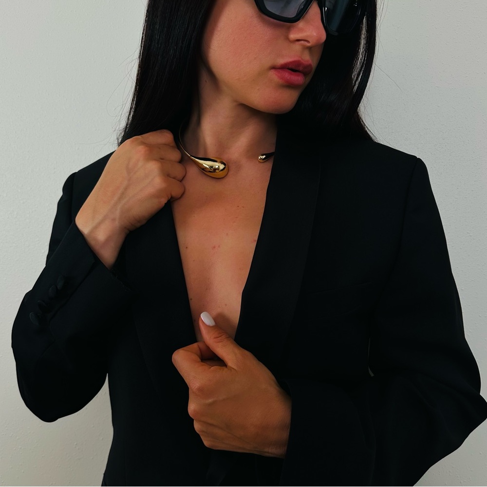 New Drop Shaped Open Gold Metal Choker Necklace - Picture 7 of 12